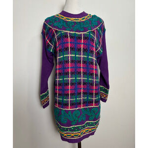 Chaus Petites VTG 80s Tunic Sweater Small Dopamine Eclectic Purple Plaid Indie